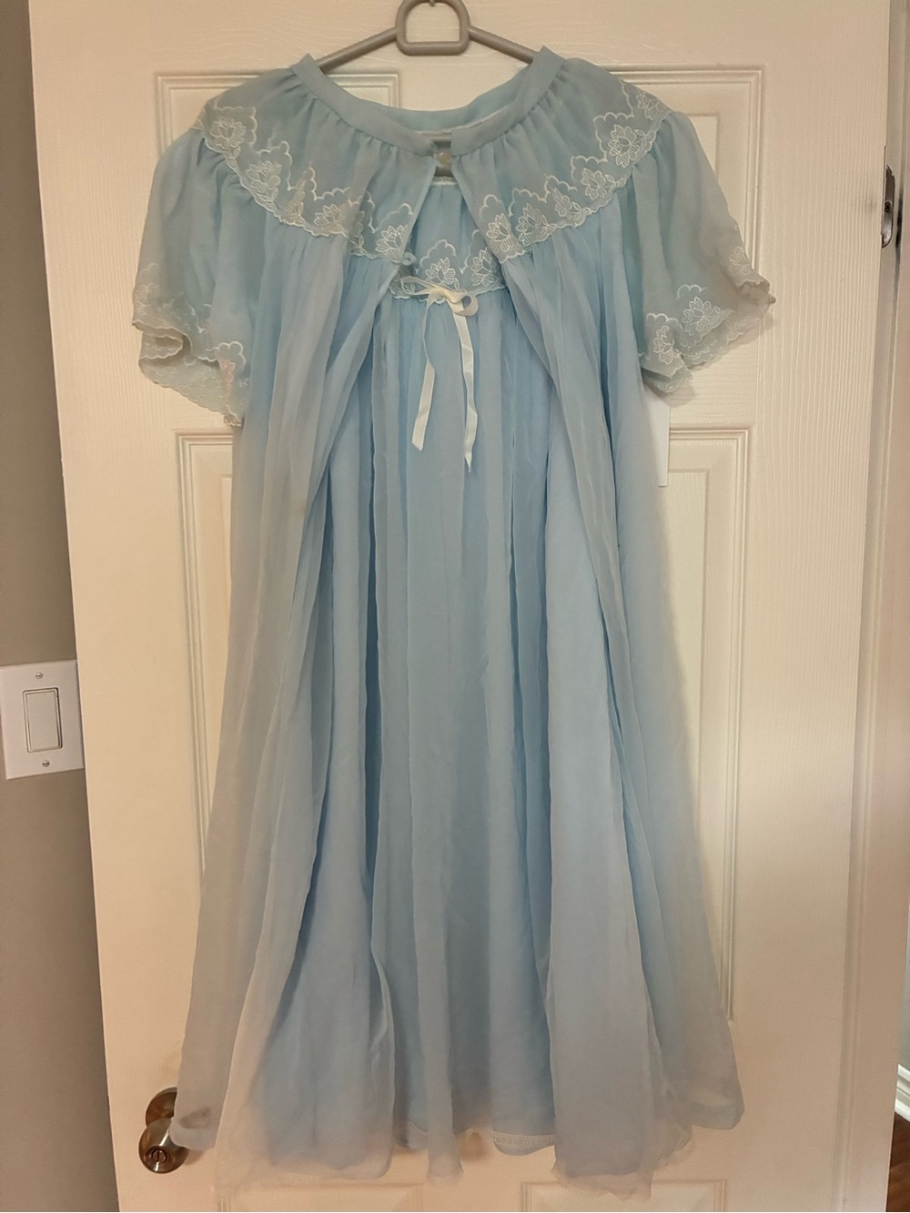 Vintage 1960s chiffon lace blue nightgown set with housecoat